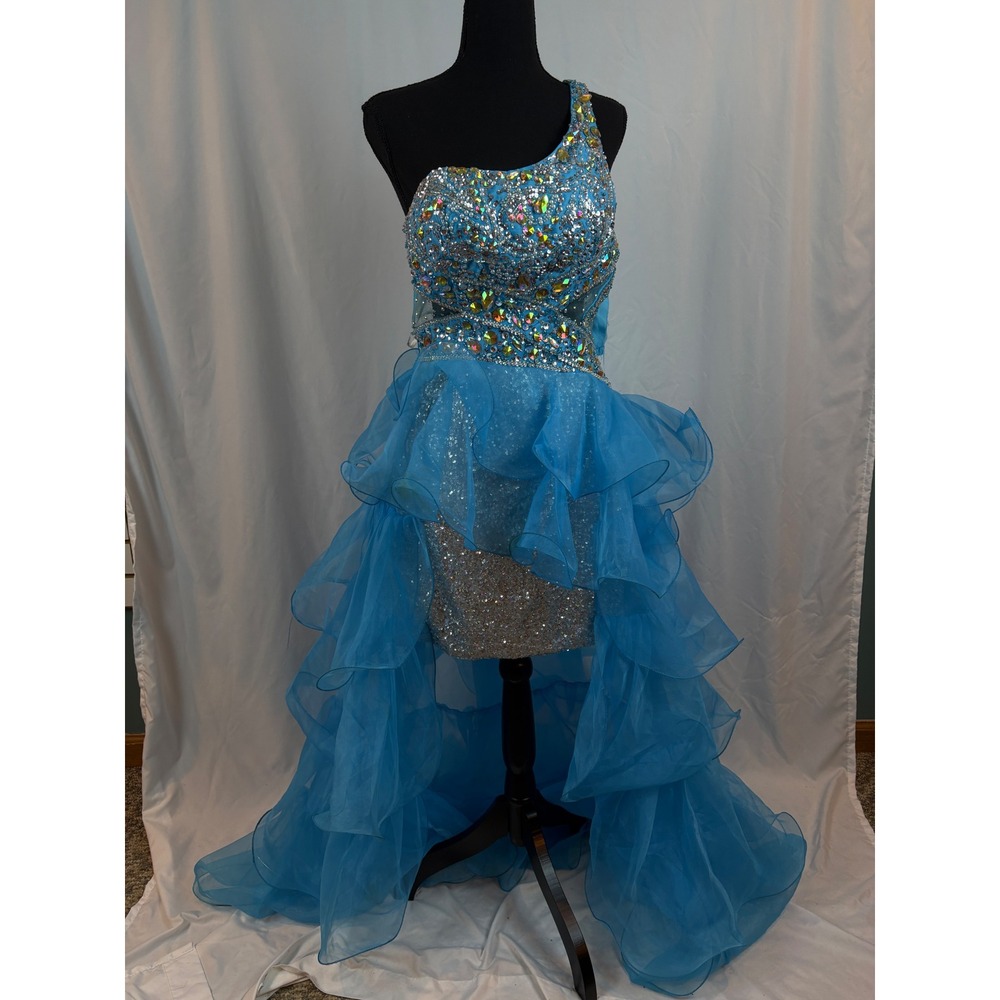 Jovani Blue Crystal One Shoulder High-Low Ruffle Pageant Prom Dress Size 8